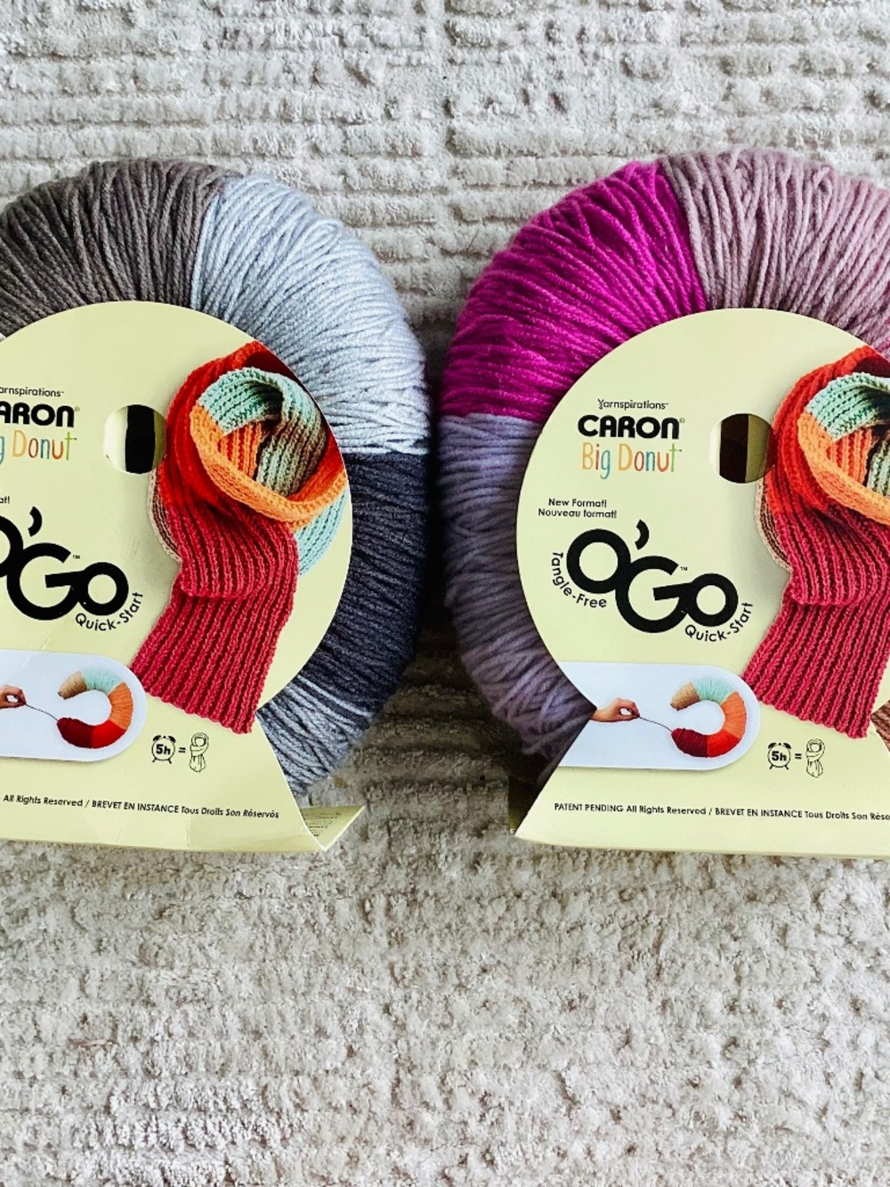 Lot Of 2 Caron Big Donut O'Go Tangle Free Yarn Raspberry Glazed & Boston Cream